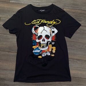 Ed Hardy Black and Yellow Skull Graphic Tee